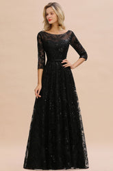 Charming Black Half Sleeves Tulle Sequins Evening Dress 20s Aline Prom Dress